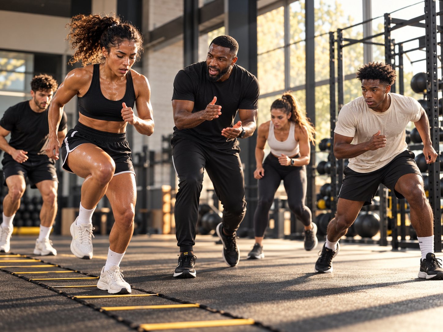 Groupe APEX Bootcamp guidé par un coach pendant un exercice d'agilité