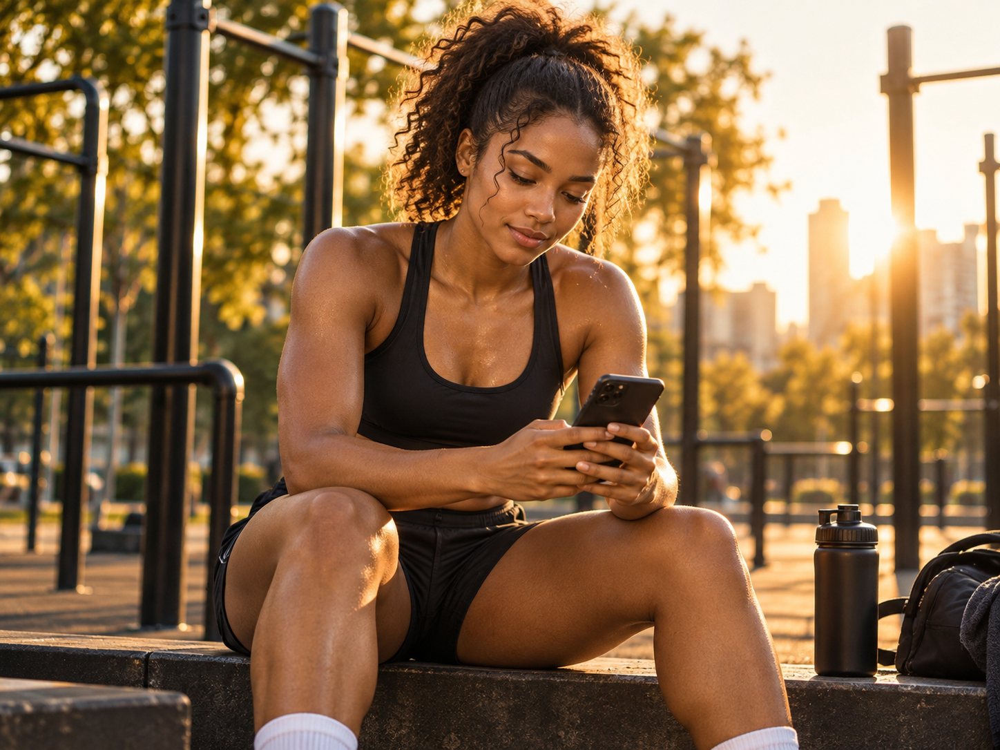 Une athlète consulte l'application Mentor Athletik™ sur un banc à l'extérieur