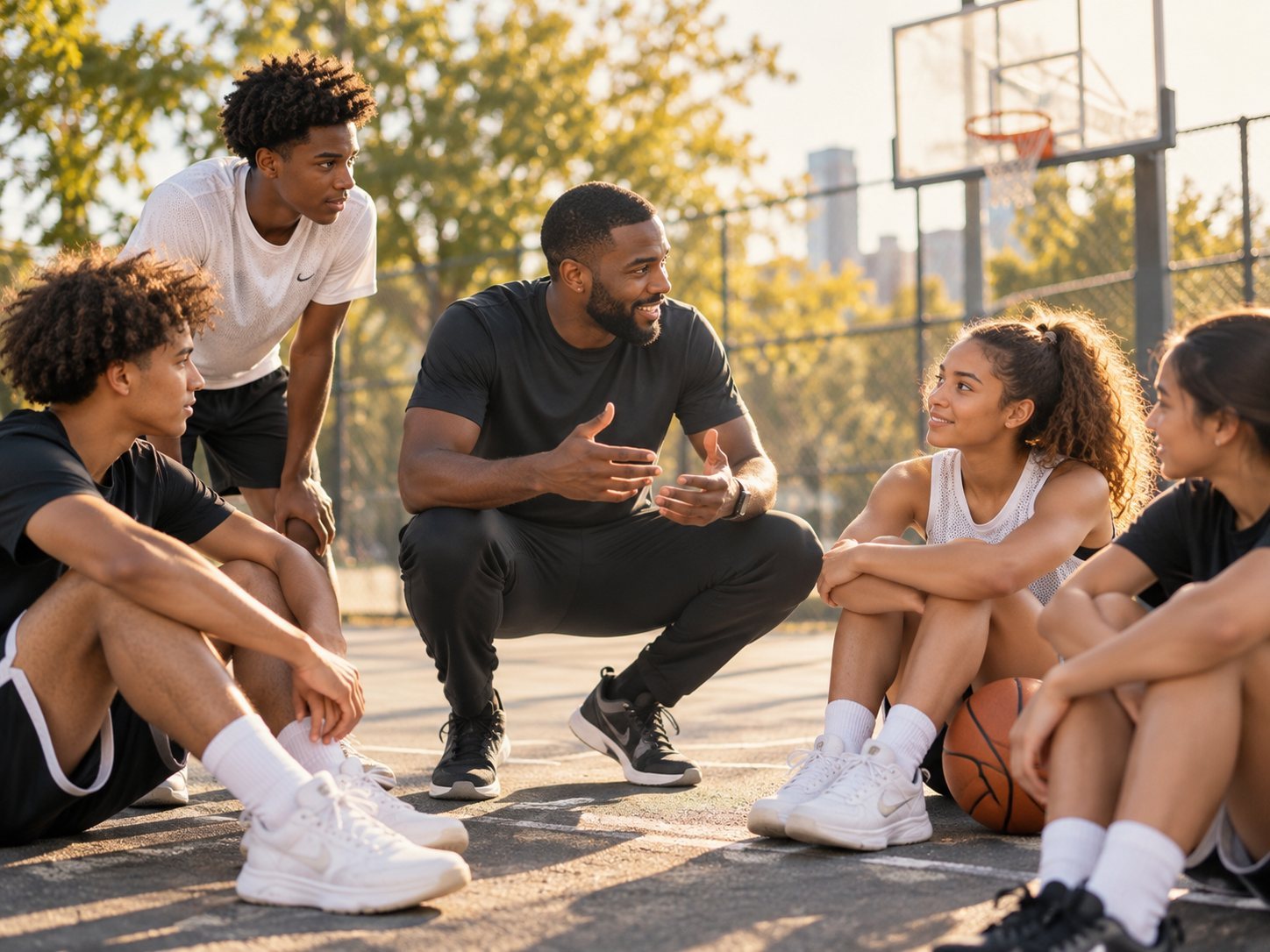 Mentor échangeant avec de jeunes joueurs de basketball