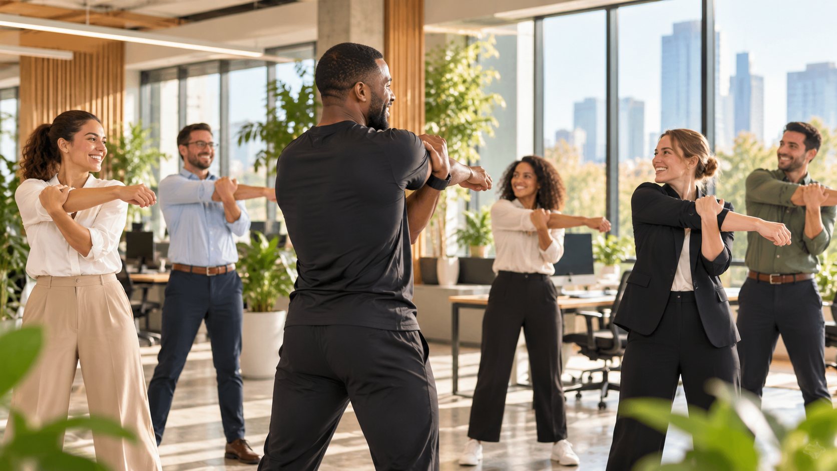 Séance de mouvement en équipe dans un bureau lumineux — Mentor Athletik™ Entreprises