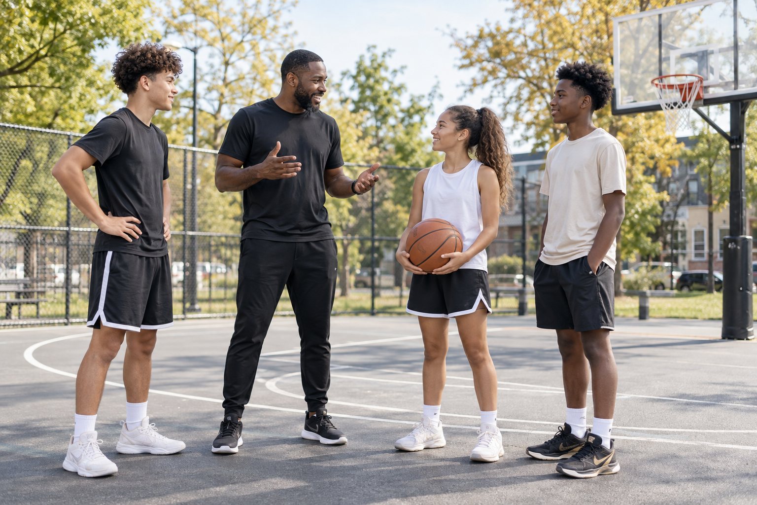 Jeunes athlètes réunis autour de leur mentor après l'entraînement