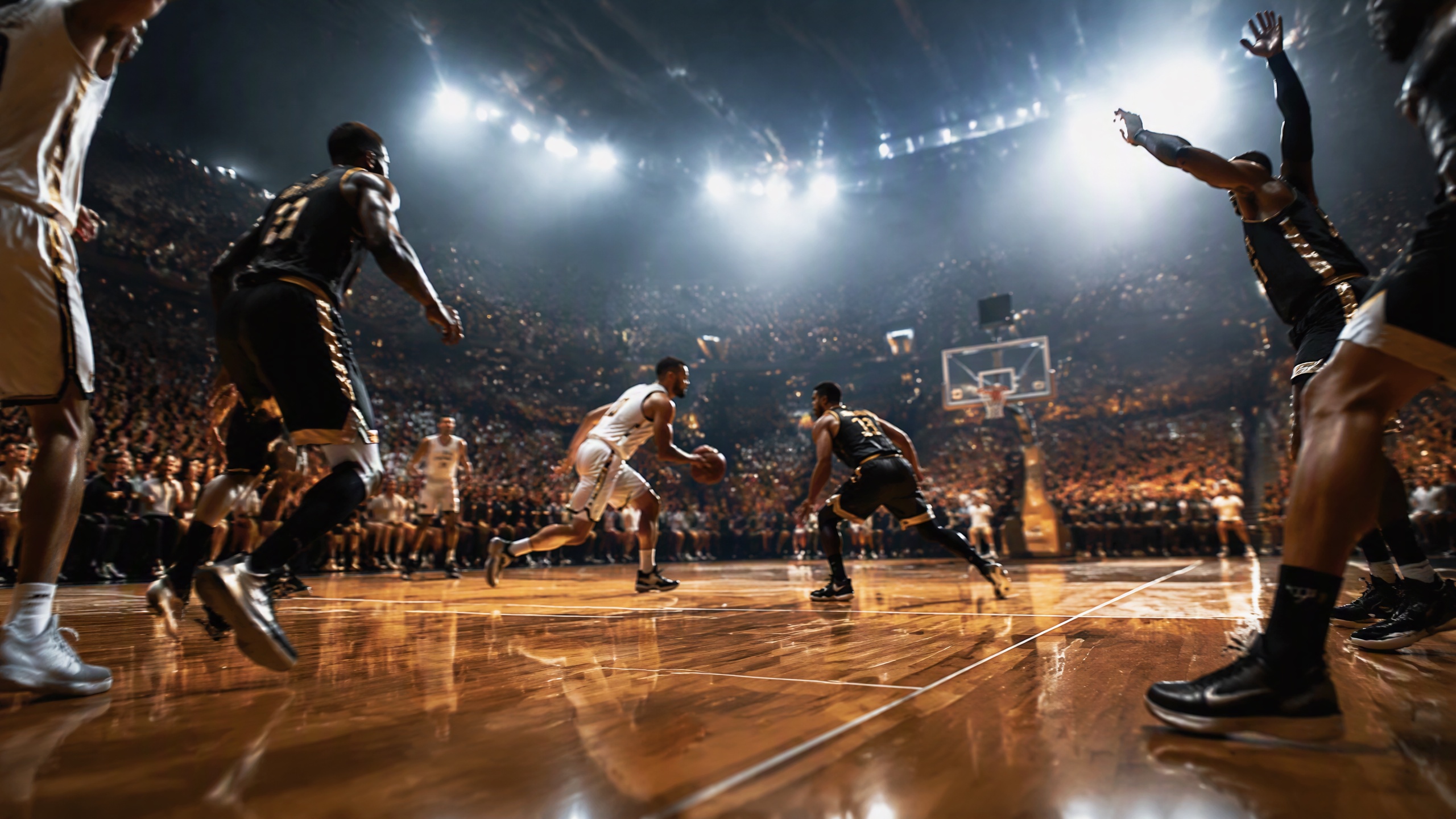 Action de basketball sous les projecteurs — transmission par le sport