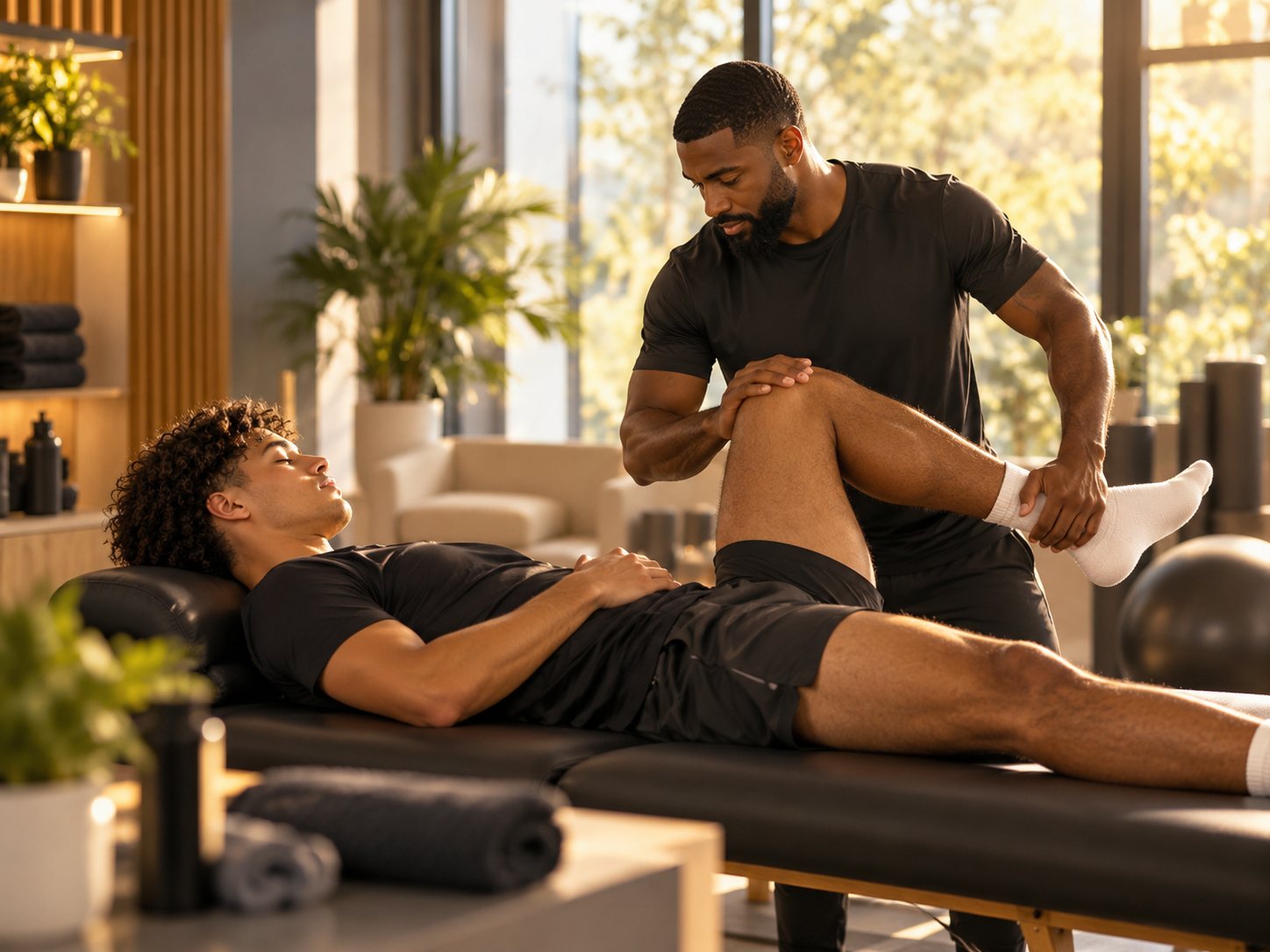 Soin de récupération : un thérapeute mobilise la jambe d'un athlète